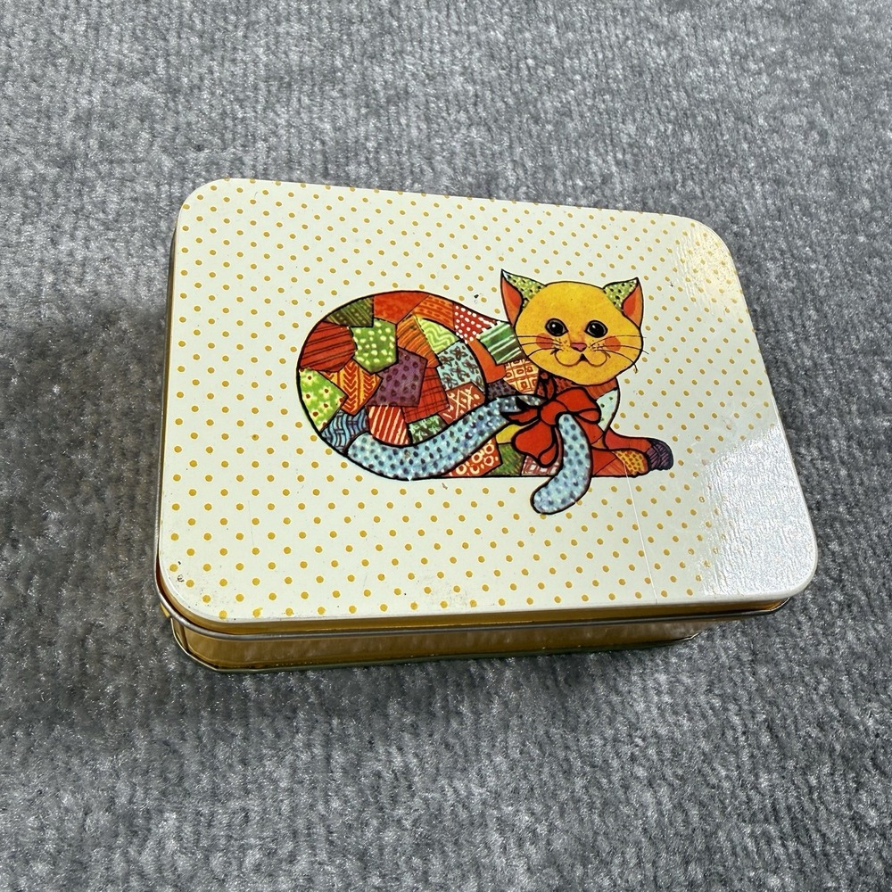Vintage Patchwork Cat Metal Tin Yellow Notepaper Storage